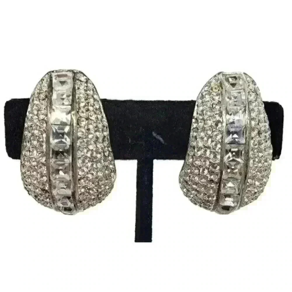 Vintage Earrings Art Deco Chunky Rhinestone Clip Statement Barbie Wedding 70s